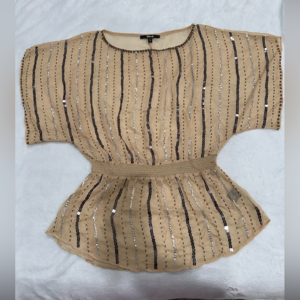Y2K Beaded Sheer Batwing Blouse Champagne Gold | New Without Tags | Size S - Picture 10 of 14